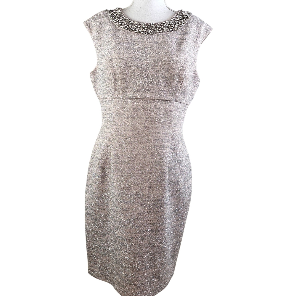 Eliza J Silver Metallic Glitter Sleeveless Cocktail Sheath Dress 12 NWOT Summer - Picture 2 of 8